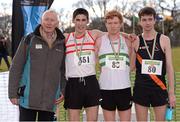 24 February 2013; Former Junior National Cross Country Champion Sean Callan, from Ardee, Co. Louth, with Sean Tobin, Clonmel A.C., Co. Tipperary, who won the Junior Men's 6,000m, 2nd place Hugh Armstrong, left, Ballina A.C., Co. Mayo, and 3rd place Ian Swiden, Clonliffe Harriers A.C., Co. Dublin, at the 2013 Woodie’s DIY AAI Inter Club Cross Country Championships & Juvenile Inter County Cross Country Relay Championships. Charleville Estate, Tullamore, Co. Offaly. Photo by Sportsfile
