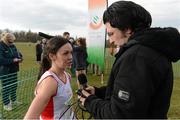 24 February 2013; Mary Cullen, Sligo A.C., Co. Sligo, is interviewed after winning the senior women's 8,000m, at the 2013 Woodie’s DIY AAI Inter Club Cross Country Championships & Juvenile Inter County Cross Country Relay Championships. Charleville Estate, Tullamore, Co. Offaly. Photo by Sportsfile
