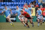 26 February 2013; Dan Casey, CBC Monkstown, breaks through the St. Michael’s College defence on the way to scoring his side's first try. Powerade Leinster Schools Junior Cup, Quarter-Final, St. Michael’s College v CBC Monkstown, Donnybrook Stadium, Donnybrook, Dublin. Picture credit: Brian Lawless / SPORTSFILE