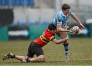 26 February 2013; Jack Kelly, St. Michael’s College, is tackled by Patrick Rogers, CBC Monkstown. Powerade Leinster Schools Junior Cup, Quarter-Final, St. Michael’s College v CBC Monkstown, Donnybrook Stadium, Donnybrook, Dublin. Picture credit: Brian Lawless / SPORTSFILE