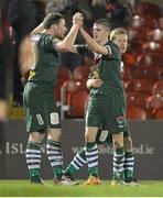 26 February 2013; Danny Morrissey, Cork City, is congratulated by team-mates Denis Behan, left, and Daryl Horgan, after scoring his side's first goal. Setanta Sports Cup, Quarter-Final, 1st Leg, Cork City v Crusaders, Turner's Cross, Cork. Picture credit: Diarmuid Greene / SPORTSFILE