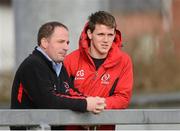 27 February 2013; Ulster's Craig Gilroy, right, and David Humphreys, Ulster Director of Rugby, during squad training ahead of their Celtic League 2012/13 match against Benetton Treviso on Friday. Ulster Rugby Squad Training, Ravenhill Park, Belfast, Co. Antrim. Picture credit: Oliver McVeigh / SPORTSFILE