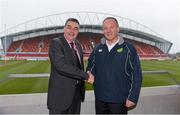 27 February 2013; Australia rugby league head coach Tim Sheens, right, with Thomond Park stadium director John Cantwell. Thomond Park, Limerick. Picture credit: Diarmuid Greene / SPORTSFILE