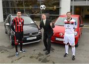 28 February 2013; Karmann Volkswagen has announced a new sponsorship deal with Bohemian Football Club, strengthening Volkswagen Group’s support for Irish soccer. The new dealership opened its doors in April 2012 and continues to build strong links with the local communities in Castleknock, Blanchardstown and further afield. At the announcement are Simon Elliott, Managing Director of Volkswagen Group Ireland, with Bohemian players Roberto Lopez, left, and Ryan McEvoy. Karmann Sales, Castleknock, Co. Dublin. Picture credit: Matt Browne / SPORTSFILE