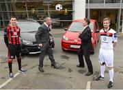 28 February 2013; Karmann Volkswagen has announced a new sponsorship deal with Bohemian Football Club, strengthening Volkswagen Group’s support for Irish soccer. The new dealership opened its doors in April 2012 and continues to build strong links with the local communities in Castleknock, Blanchardstown and further afield. At the announcement are Darren Cahill, Managing Director of REDCO, with Simon Elliott, Managing Director of Volkswagen Group Ireland, and Bohemian players Roberto Lopez, left, with Ryan McEvoy. Karmann Sales, Castleknock, Co. Dublin. Picture credit: Matt Browne / SPORTSFILE