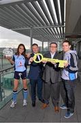 28 February 2013; The Gibson Hotel has been named as the hotel of choice for the Dublin senior football team. At the announcement of the partnership are, Adrian McLaughlin, General Manager, The Gibson Hotel, second from right, with model Daniella Moyles, Dublin football manager Jim Gavin, and Dublin goalkeeper Stephen Cluxton. The Gibson Hotel, Point Village, Dublin. Picture credit: Brian Lawless / SPORTSFILE