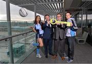 28 February 2013; The Gibson Hotel has been named as the hotel of choice for the Dublin senior football team. At the announcement of the partnership are, Adrian McLaughlin, General Manager, The Gibson Hotel, second from right, with model Daniella Moyles, Dublin football manager Jim Gavin, and Dublin goalkeeper Stephen Cluxton. The Gibson Hotel, Point Village, Dublin. Picture credit: Brian Lawless / SPORTSFILE