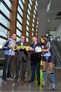 28 February 2013; The Gibson Hotel has been named as the hotel of choice for the Dublin senior football team. At the announcement of the partnership are, Adrian McLaughlin, General Manager, The Gibson Hotel, second from left, with model Daniella Moyles, Dublin football manager Jim Gavin, and Dublin goalkeeper Stephen Cluxton, left. The Gibson Hotel, Point Village, Dublin. Picture credit: Brian Lawless / SPORTSFILE