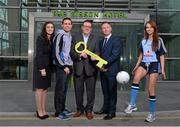 28 February 2013; The Gibson Hotel has been named as the hotel of choice for the Dublin senior football team. At the announcement of the partnership are, from left,  Doireann O'Neill, Marketing Executive, The Gibson Hotel, Dublin goalkeeper Stephen Cluxton, Adrian McLaughlin, General Manager, The Gibson Hotel, Dublin football manager Jim Gavin, and  model Daniella Moyles. The Gibson Hotel, Point Village, Dublin. Picture credit: Brian Lawless / SPORTSFILE