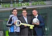 28 February 2013; The Gibson Hotel has been named as the hotel of choice for the Dublin senior football team. At the announcement of the partnership are, Adrian McLaughlin, General Manager, The Gibson Hotel, centre, with Dublin football manager Jim Gavin, and Dublin goalkeeper Stephen Cluxton, left. The Gibson Hotel, Point Village, Dublin. Picture credit: Brian Lawless / SPORTSFILE