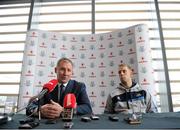 28 February 2013; Dublin manager Jim Gavin, left, and Jonny Cooper during a press conference ahead of their side's Allianz Football League, Division 1, game against Mayo on Saturday. Dublin Football Press Conference, Gibson Hotel, Point Village, Dublin. Picture credit: Brian Lawless / SPORTSFILE