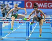 1 March 2013; Ireland's Derval O'Rourke races alongside Nevin Yanit, Turkey, during their heat of the Women's 60m Hurdles, where she finished in a season best time of 8.05sec and qualified for the semi-final. 2013 European Indoor Athletics Championships, Scandinavium Arena, Gothenburg, Sweden. Picture credit: Brendan Moran / SPORTSFILE