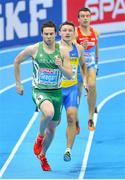 1 March 2013; Ireland's Brian Gregan goes into the lead after 150m on the way to winning his heat of the Men's 400m, where he finished in a time of 46.97sec and qualified for the semi-final. 2013 European Indoor Athletics Championships, Scandinavium Arena, Gothenburg, Sweden. Picture credit: Brendan Moran / SPORTSFILE
