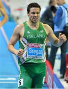 1 March 2013; Ireland's Brian Gregan reacts after winning his heat of the Men's 400m, where he finished in a time of 46.97sec and qualified for the semi-final. 2013 European Indoor Athletics Championships, Scandinavium Arena, Gothenburg, Sweden. Picture credit: Brendan Moran / SPORTSFILE