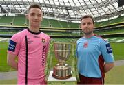 1 March 2013; Dean Broaders, left, Wexford Youths, and John Meade, Cobh Ramblers, in attendance at the Airtricity League launch 2013. Aviva Stadium, Lansdowne Road, Dublin. Picture credit: Barry Cregg / SPORTSFILE