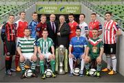 1 March 2013; Fran Gavin, fifth from left, Airtricity League Director, and Paul O'Shaughnessy, Head of Sales Airtricity, with players back row, from left to right, Keith Buckley, Bohemians, Ger O'Brien, St. Patrick's Athletic, Michael Leahy, UCD, Eric Foley, Drogheda United, Aaron Greene, Sligo Rovers, Stephen O'Donnell, Dundalk, Glenn Cronin, Shelbourne and Kevin Deery, Derry City. Front row, from left to right, Pat Sullivan, Shamrock Rovers, Dean Zambra, Bray Wanderers, Stephen Bradley, Limerick FC, and Danny Murphy, Cork City, in attendance at the Airtricity League launch 2013. Aviva Stadium, Lansdowne Road, Dublin. Picture credit: David Maher / SPORTSFILE