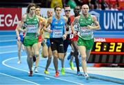 1 March 2013; Ireland's Stephen Scullion leads team-mate Ciaran O Lionáird and the field in the Men's 3000m, which O Lionáird won and qualified for the Final. 2013 European Indoor Athletics Championships, Scandinavium Arena, Gothenburg, Sweden. Picture credit: Brendan Moran / SPORTSFILE