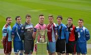 1 March 2013; Players representing each club in the Airtricity First Division, from left to right, John Meade, Cobh Ramblers, Ciaran Coll, Finn Harps, Paddy Quinlan, Salthill Devon, Dean Broaders, Wexford Youths, Michael McSweeney, Mervue United, Aidan Collins, Athlone Town, Mark Salmon, Longford Town, and John Frost, Waterford Untied, in attendance at the Airtricity League launch 2013. Aviva Stadium, Lansdowne Road, Dublin. Picture credit: Barry Cregg / SPORTSFILE