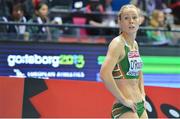 1 March 2013; Ireland's Derval O'Rourke reacts after finishing in 4th place in a season best time of 7.95sec in the Women's 60m Hurdles Final. 2013 European Indoor Athletics Championships, Scandinavium Arena, Gothenburg, Sweden. Picture credit: Brendan Moran / SPORTSFILE