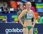 1 March 2013; Ireland's Derval O'Rourke reacts after finishing in 4th place in a season best time of 7.95sec in the Women's 60m Hurdles Final. 2013 European Indoor Athletics Championships, Scandinavium Arena, Gothenburg, Sweden. Picture credit: Brendan Moran / SPORTSFILE