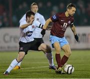 1 March 2013; Declan O'Brien, Drogheda United, in action against Mark Rossiter, Dundalk. Jim Malone Perpetual Trophy, Dundalk v Drogheda United, Oriel Park, Dundalk, Co. Louth. Photo by Sportsfile