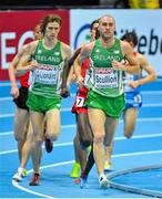 1 March 2013; Ireland's Stephen Scullion leads team-mate Ciarán O Lionáird and the rest of the field during his heat of the Men's 3000m, where he finished 11th in a time of 8:23.83sec but failed to progress. 2013 European Indoor Athletics Championships, Scandinavium Arena, Gothenburg, Sweden. Picture credit: Brendan Moran / SPORTSFILE