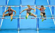 1 March 2013; Ireland's Derval O'Rourke, alongside Eline Berings, left, Belgium, and Nadine Hildebrand, Germany, on her way to finishing 4th in the semi-final of the Women's 60m Hurdles, qualifying for the final in a time of 8.00sec. 2013 European Indoor Athletics Championships, Scandinavium Arena, Gothenburg, Sweden. Picture credit: Brendan Moran / SPORTSFILE