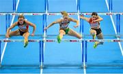 1 March 2013; Ireland's Derval O'Rourke, alongside Eline Berings, left, Belgium, and Nadine Hildebrand, Germany, on her way to finishing 4th in the semi-final of the Women's 60m Hurdles, qualifying for the final in a time of 8.00sec. 2013 European Indoor Athletics Championships, Scandinavium Arena, Gothenburg, Sweden. Picture credit: Brendan Moran / SPORTSFILE