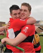 2 March 2013; Paul Haughney, left, and Dan McCormack, University College Cork, celebrate victory after the final whistle. Irish Daily Mail Fitzgibbon Cup Final, Mary Immaculate College, Limerick v University College Cork, Pearse Stadium, Galway. Picture credit: Barry Cregg / SPORTSFILE