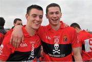 2 March 2013; Paul Haughney, left, and Seamus Harnedy, University College Cork, celebrate victory after the final whistle. Irish Daily Mail Fitzgibbon Cup Final, Mary Immaculate College, Limerick v University College Cork, Pearse Stadium, Galway. Picture credit: Barry Cregg / SPORTSFILE
