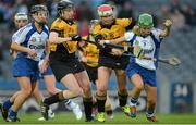 2 March 2013; The Milford full back and captain Elaine O'Riordan prepares to clear under pressure from Claire Conroy, 10, the Kilimor captain, and her team mate Brenda Hanney. All Ireland Senior Camogie Club Championship Final, Killimor, Galway, v Milford, Cork, Croke Park, Dublin. Picture credit: Ray McManus / SPORTSFILE