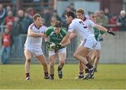 3 March 2013; Callum McCormack, Westmeath, in action against Niall Coleman, left, and Finian Hanley, Galway. Allianz Football League, Division 2, Galway v Westmeath, Tuam Stadium, Tuam, Co. Galway. Picture credit: Barry Cregg / SPORTSFILE
