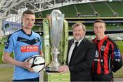 4 March 2013; Michael Leahy, left, UCD, and Keith Buckley, Bohemians, with Ken Barry, Sponsorship Manager Airtricity, in attendance at the Airtricity League launch 2013 both teams will face each other during the opening weekend of the Airtricity League Premier Division. Aviva Stadium, Lansdowne Road, Dublin. Picture credit: David Maher / SPORTSFILE