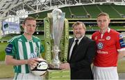 4 March 2013; Dean Zambra, left, Bray Wanderers, with Glenn Cronin, Shelbourne, with Ken Barry, Sponsorship Manager Airtricity, in attendance at the Airtricity League launch 2013, both teams will face each other during the opening weekend of the Airtricity League Premier Division. Aviva Stadium, Lansdowne Road, Dublin. Picture credit: David Maher / SPORTSFILE