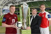 4 March 2013; Eric Foley, left, Drogheda United, and Ger O'Brien, St. Patrick's Athletic, with Ken Barry, Sponsorship Manager Airtricity, in attendance at the Airtricity League launch 2013 both teams will face each other during the opening weekend of the Airtricity League Premier Division. Aviva Stadium, Lansdowne Road, Dublin. Picture credit: David Maher / SPORTSFILE