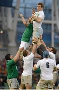 10 February 2013; Joe Launchbury, England, wins possession for his side in a lineout. RBS Six Nations Rugby Championship, Ireland v England, Aviva Stadium, Lansdowne Road, Dublin. Picture credit: Stephen McCarthy / SPORTSFILE