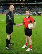 2 March 2013; Jack Roche, aged 11, Trinity Gaels, and match referee Cormac Reilly before the game. Allianz Football League, Division 1, Dublin v Mayo, Croke Park, Dublin. Picture credit: Ray McManus / SPORTSFILE