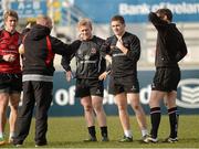 27 February 2013; Ulster's Andrew Trimble, Stuart Olding, Paddy Jackson and Darren Cave, listen to instructions from back's coach Neil Doak during squad training ahead of their Celtic League 2012/13 match against Benetton Treviso on Friday. Ulster Rugby Squad Training, Ravenhill Park, Belfast, Co. Antrim. Picture credit: Oliver McVeigh / SPORTSFILE