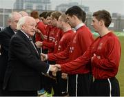 6 March 2013; The President of Ireland Michael D. Higgins meets members of the IT Carlow team before the start of the game. CFAI UMBRO Cup Final, IT Carlow v Waterford IT, Tallaght Stadium, Talllaght, Dublin. Picture credit: David Maher / SPORTSFILE