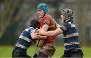 7 March 2013; Darragh Moloney, CBC Cork, is tackled by Greg O'Shea, left, and Michael O'Donnell, Crescent College Comprehensive. Munster Schools Senior Cup Semi-Final, Crescent College Comprehensive v CBC Cork, Tom Clifford Park, Limerick. Picture credit: Diarmuid Greene / SPORTSFILE