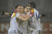 6 March 2013; Longford's Darren Gallagher, centre, celebrates with Dylan Quinn, left, and Mark Hughes, right, after the final whistle. Cadbury Leinster GAA Football U21 Championship, Quarter-Final, Dublin v Longford, Parnell Park, Dublin. Picture credit: Matt Browne / SPORTSFILE