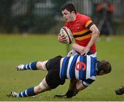 7 March 2013; Rory Slater, CBC Cork, is tackled by Diarmuid Dee, Crescent College Comprehensive. Munster Schools Senior Cup Semi-Final, Crescent College Comprehensive v CBC Cork, Tom Clifford Park, Limerick. Picture credit: Diarmuid Greene / SPORTSFILE