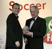 27 April 2003; Joe Murphy is presented with the Under 21 Player of the Year Award by FAI President Milo Corcoran at the eircom / Football Association of Ireland Awards at the Citywest Hotel, Dublin. Soccer. Picture credit; Brendan Moran / SPORTSFILE *EDI*