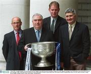 7 May 2003; Armagh manager Joe Kernan holds the Sam Maguire Cup with Roscommon manager Tommy Carr, left, Tipperary manager Tom McGlinchey, centre and Mick O'Dwyer, Laois manager, right, at the photocall to celebrate 10 years of the Bank of Ireland's sponsorship of the All-Ireland Football Championship. House of Lords, Bank of Ireland, College Green, Dublin. Football. Picture credit; David Maher / SPORTSFILE
