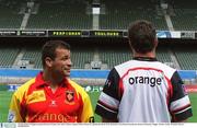 23 May 2003; Perpignan captain Bernard Goutta, left, with Toulouse captain Fabien Pelous at a photocall ahead of the Heineken Cup Final at Lansdowne Road on Saturday. Rugby. Picture credit; Brendan Moran / SPORTSFILE