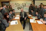 8 March 2013; Republic of Ireland manager Giovanni Trapattoni was in St. Mac Dara's Community School, Templeogue, to announce that 'School's out' in time for the Ireland v Austria game, during mid-term on March 26th in Aviva Stadium. Tickets for U16s are just €10. See fai.ie for details. St. Mac Dara’s Community College, Templeogue, Dublin. Picture credit: David Maher / SPORTSFILE