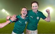 8 March 2013; Ireland's Siobhan Fleming, left, and Marie Louise Reilly celebrate victory over France. Women's Six Nations Rugby Championship, Ireland v France, Ashbourne RFC, Ashbourne, Co. Meath. Picture credit: Brendan Moran / SPORTSFILE