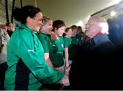 8 March 2013; President Michael D Higgins meets Ireland's Lauren Day and the rest of the team after the game. Women's Six Nations Rugby Championship, Ireland v France, Ashbourne RFC, Ashbourne, Co. Meath. Picture credit: Brendan Moran / SPORTSFILE