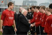 6 March 2013; President of Ireland Michael D Higgins meets  IT Carlow players before the start of the game. CFAI UMBRO Cup Final. IT Carlow v Waterford IT. Tallaght Stadium, Talllaght, Dublin. Picture credit: David Maher / SPORTSFILE