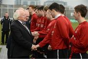 6 March 2013; President of Ireland Michael D Higgins meets  IT Carlow players before the start of the game. CFAI UMBRO Cup Final. IT Carlow v Waterford IT. Tallaght Stadium, Talllaght, Dublin. Picture credit: David Maher / SPORTSFILE